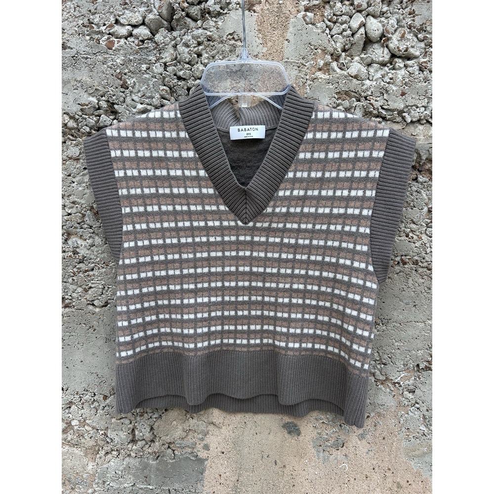 Babaton Knit Ivory Rust Grey  V-Neck Sweater‎ Vest Women Xxs 100% Merino Wool